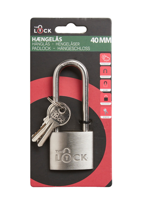 Hængelås m/to nøgler lang model 40 mm rustfrit stål